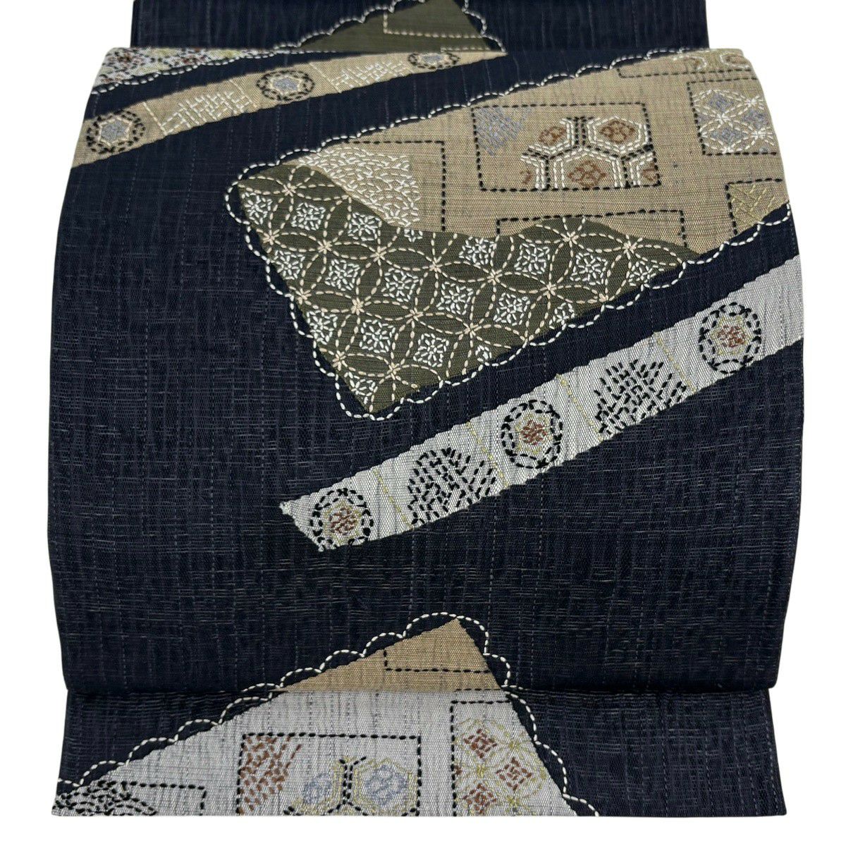 【美品】 袋帶 逸品級 有職紋樣 七寶刺繡 深藍 大鼓圖案 純蠶絲