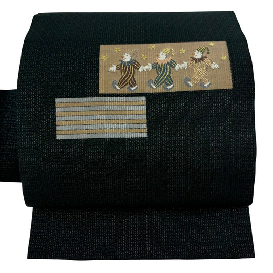 【美品】名古屋帶 逸品級 小丑 金絲 墨色 純蠶絲