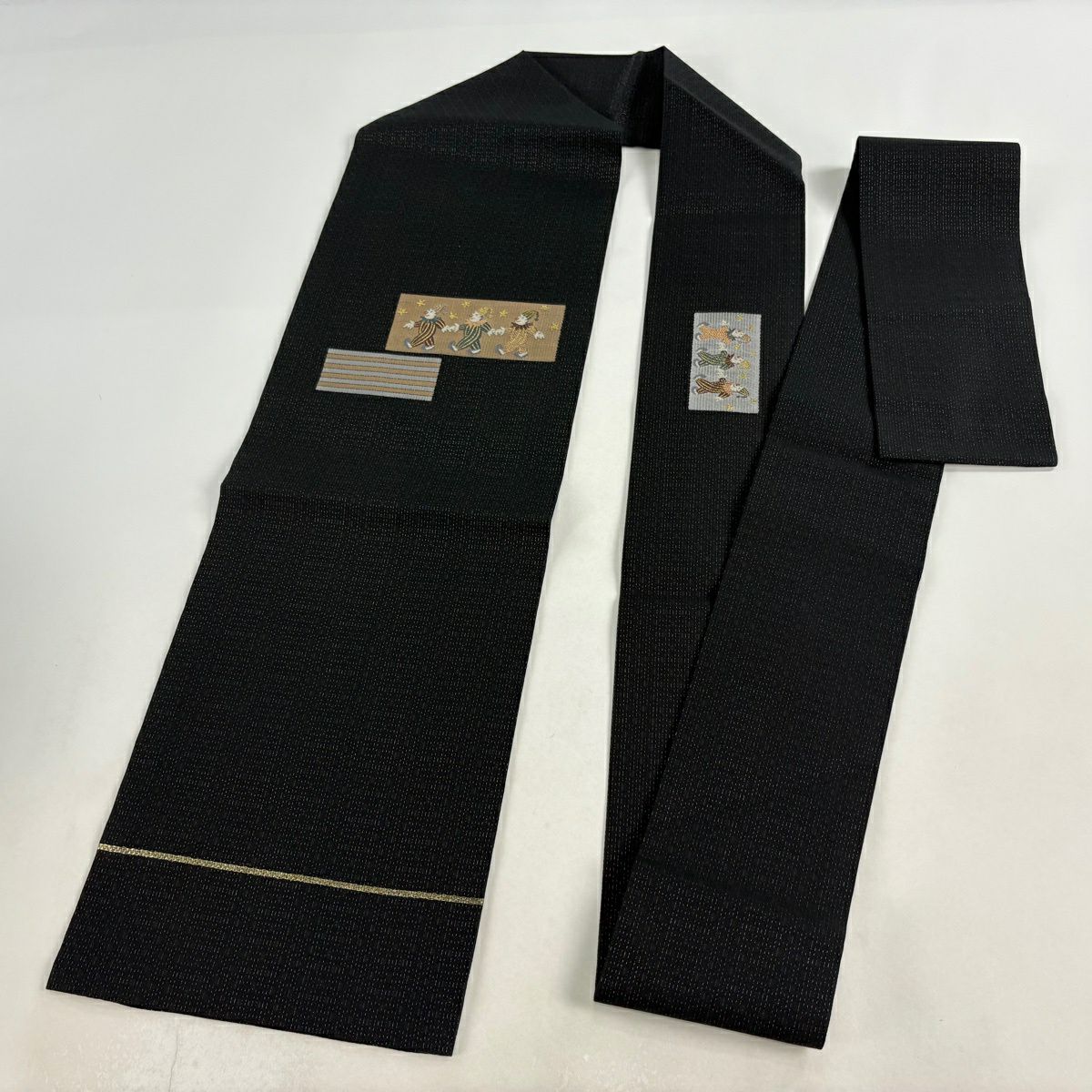 【美品】名古屋帶 逸品級 小丑 金絲 墨色 純蠶絲