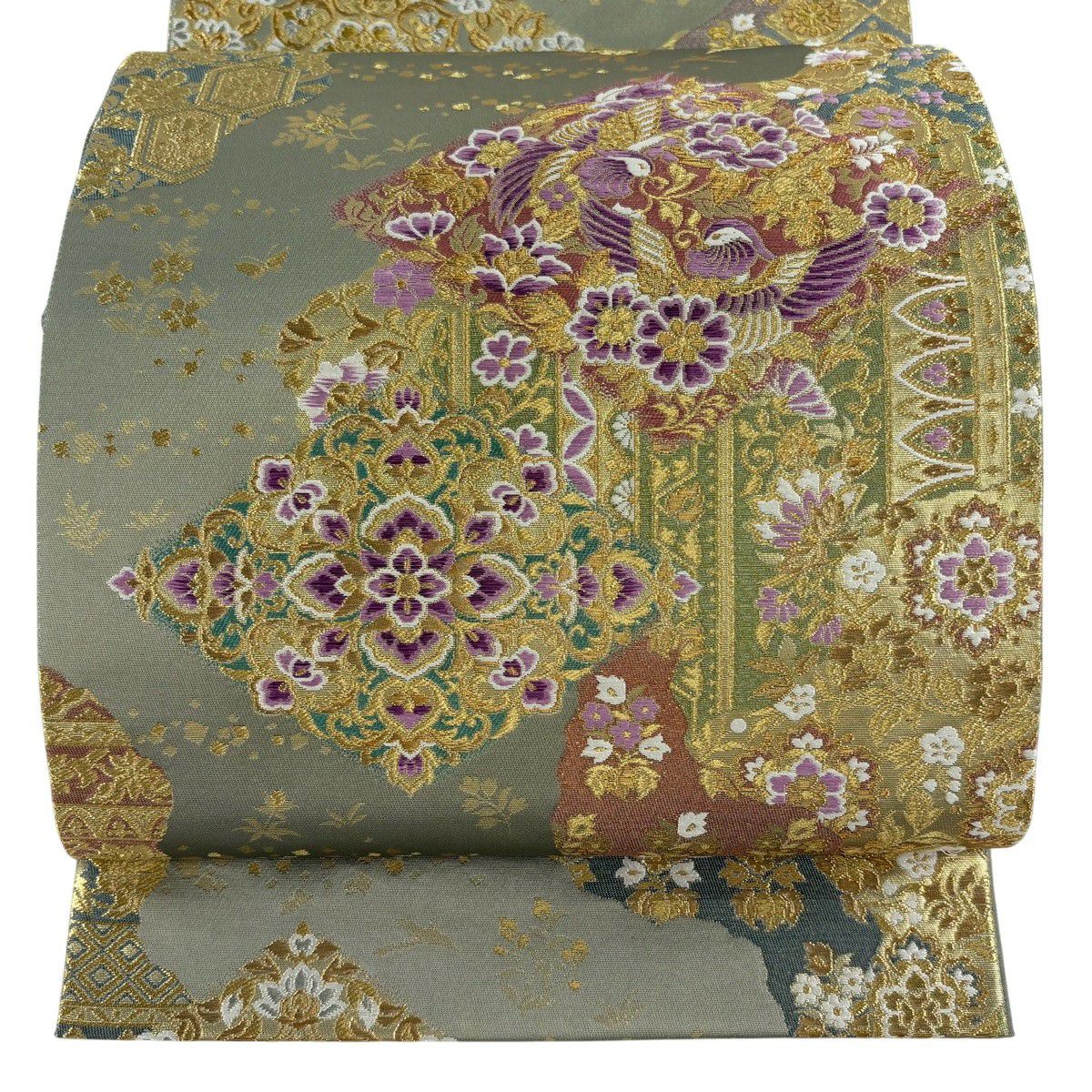 【美品】 袋帶 逸品級 じゅらく 落款あり 帝王紫 華紋 花鳥 金金箔 金銀彩 灰綠 お太鼓柄 純蠶絲