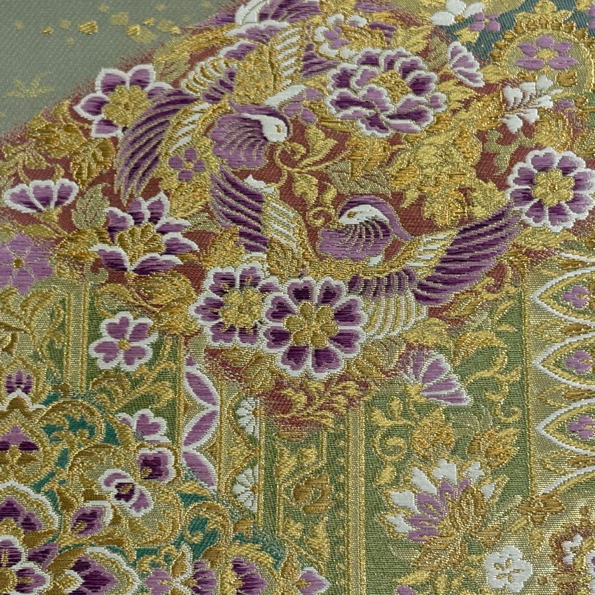 【美品】 袋帶 逸品級 じゅらく 落款あり 帝王紫 華紋 花鳥 金金箔 金銀彩 灰綠 お太鼓柄 純蠶絲