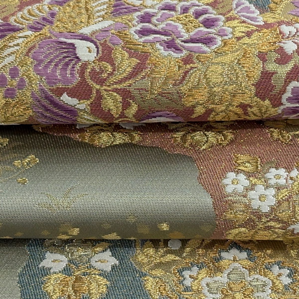 【美品】 袋帶 逸品級 じゅらく 落款あり 帝王紫 華紋 花鳥 金金箔 金銀彩 灰綠 お太鼓柄 純蠶絲