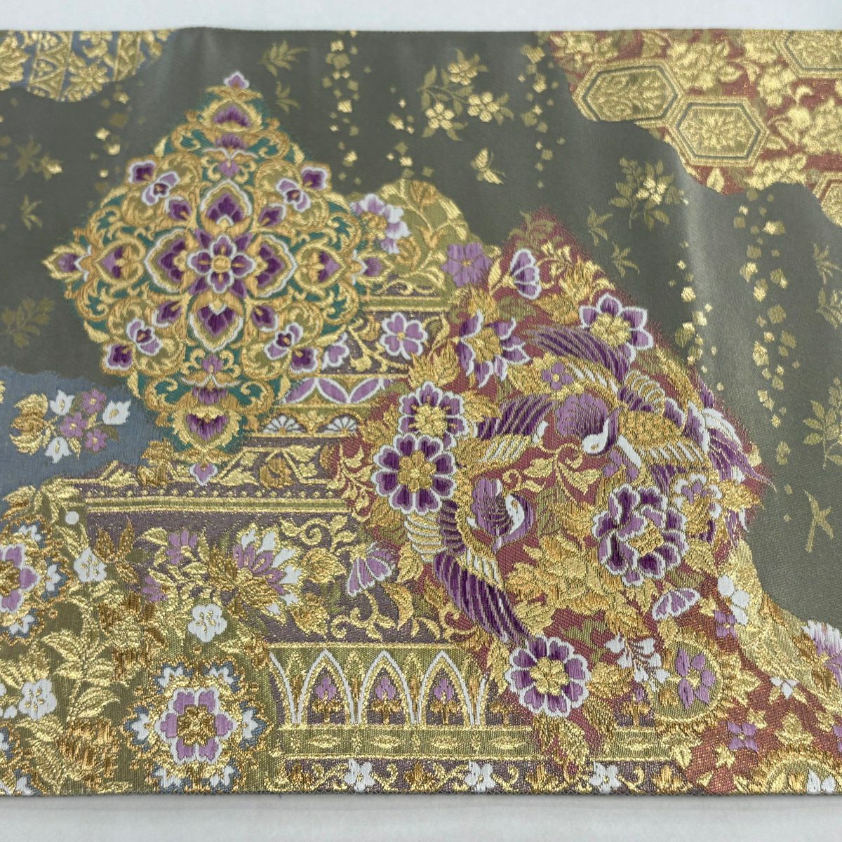 【美品】 袋帶 逸品級 じゅらく 落款あり 帝王紫 華紋 花鳥 金金箔 金銀彩 灰綠 お太鼓柄 純蠶絲
