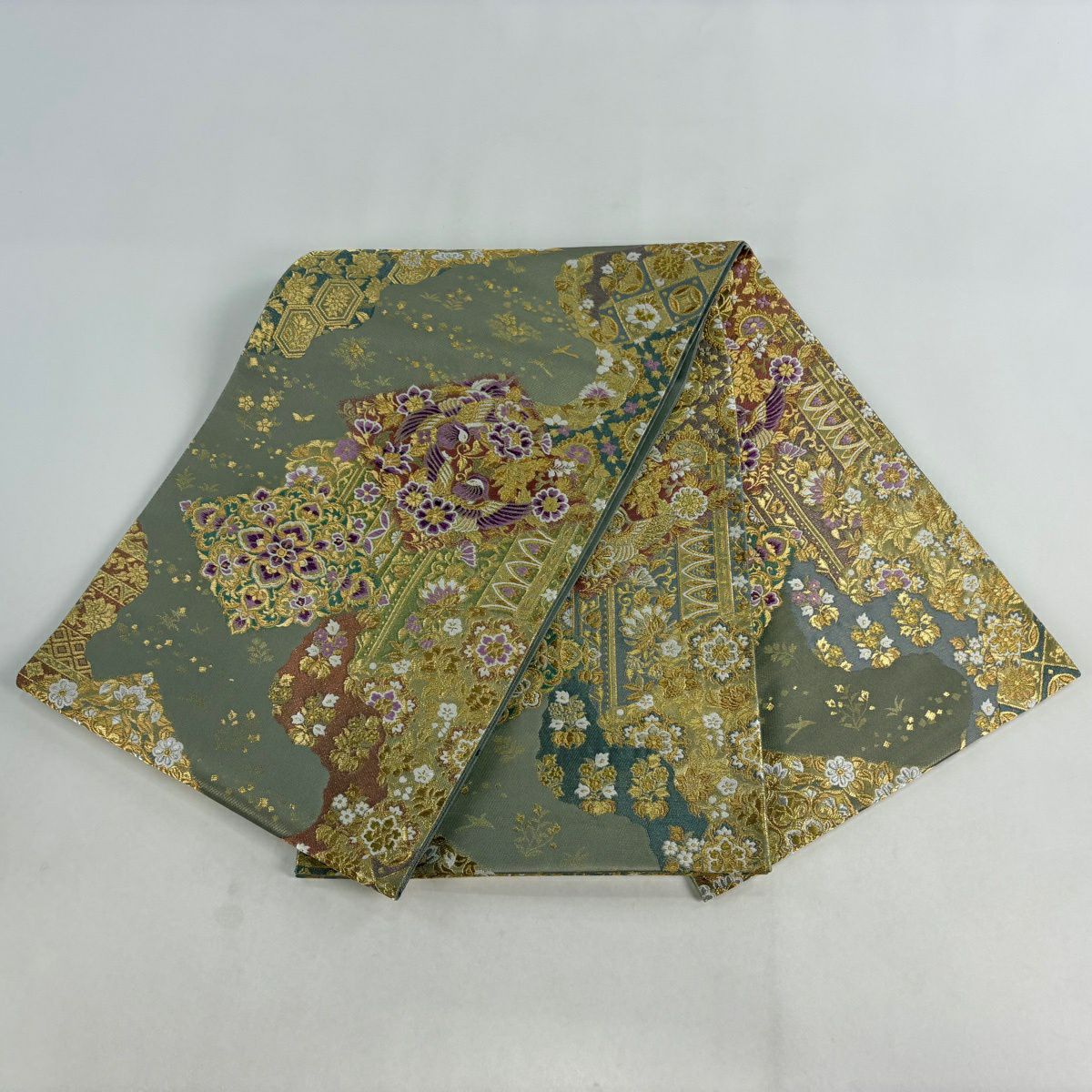 【美品】 袋帶 逸品級 じゅらく 落款あり 帝王紫 華紋 花鳥 金金箔 金銀彩 灰綠 お太鼓柄 純蠶絲