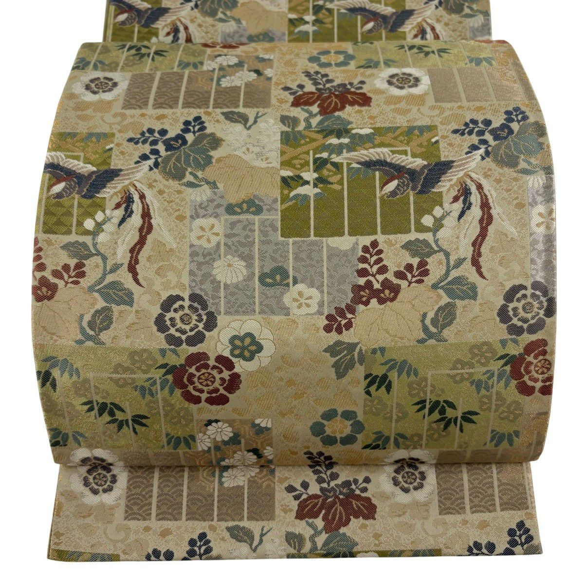 【美品】 袋帶 逸品級 證書齊全 源氏香 花鳥 金絲 淺茶 六通 純蠶絲