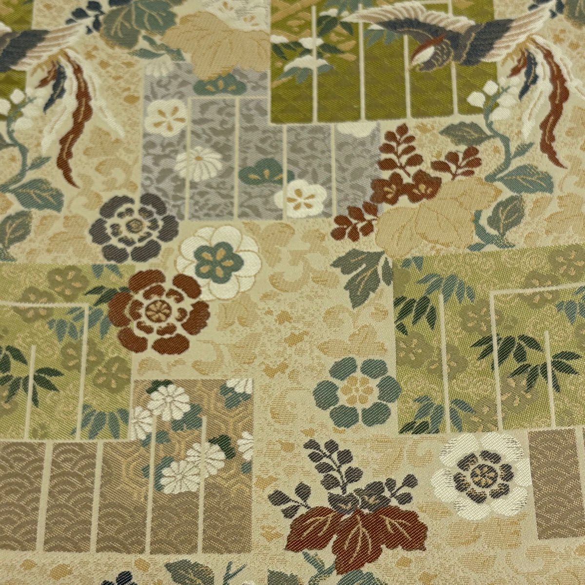 【美品】 袋帶 逸品級 證書齊全 源氏香 花鳥 金絲 淺茶 六通 純蠶絲