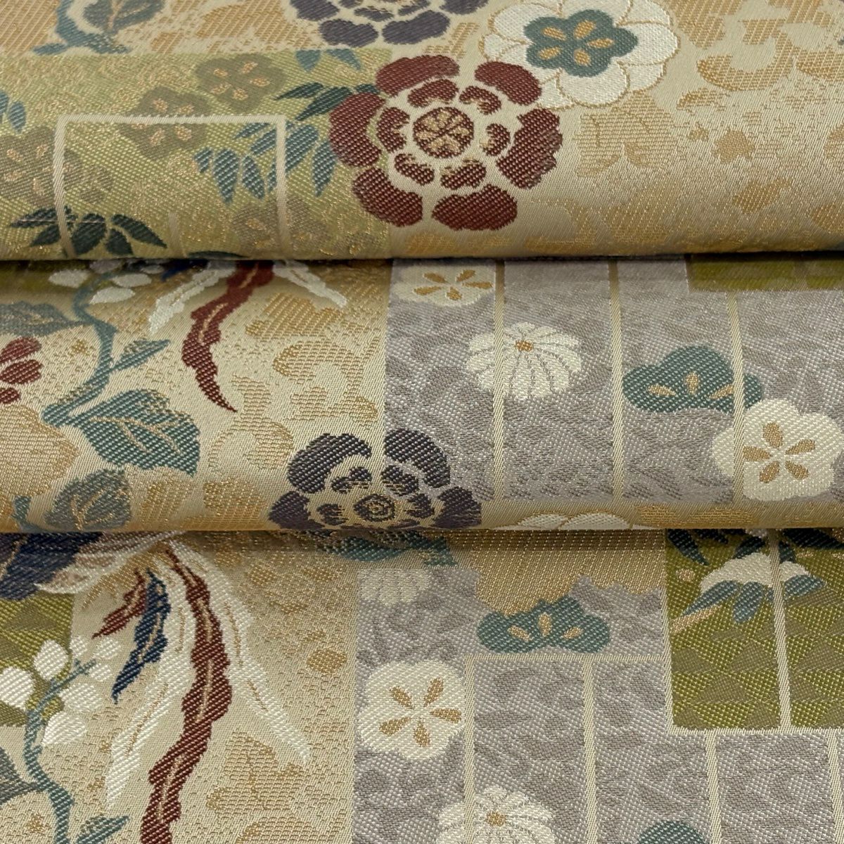 【美品】 袋帶 逸品級 證書齊全 源氏香 花鳥 金絲 淺茶 六通 純蠶絲