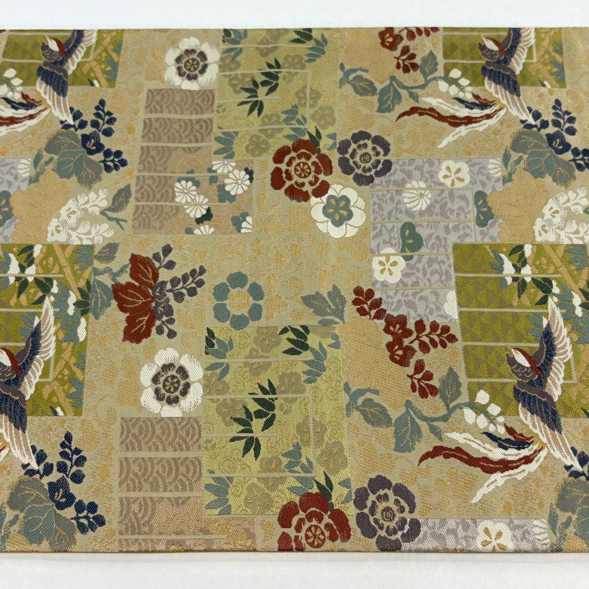 【美品】 袋帶 逸品級 證書齊全 源氏香 花鳥 金絲 淺茶 六通 純蠶絲