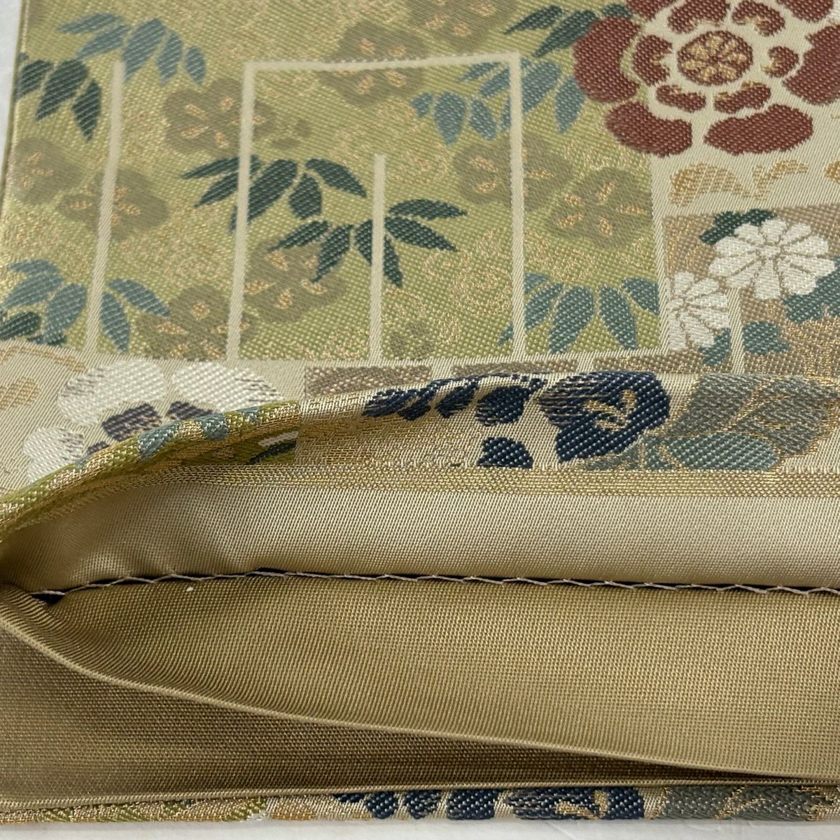 【美品】 袋帶 逸品級 證書齊全 源氏香 花鳥 金絲 淺茶 六通 純蠶絲