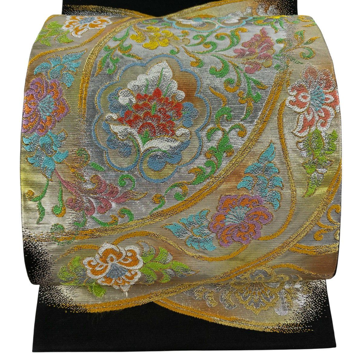 袋帶 逸品級 龍村美術織物 落款 唐花錦秀文 金金箔 金絲 金色 大鼓圖案 純蠶絲