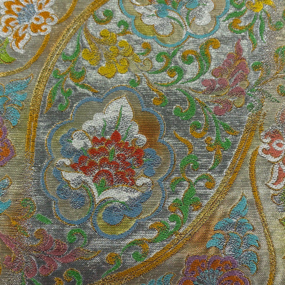 袋帶 逸品級 龍村美術織物 落款 唐花錦秀文 金金箔 金絲 金色 大鼓圖案 純蠶絲