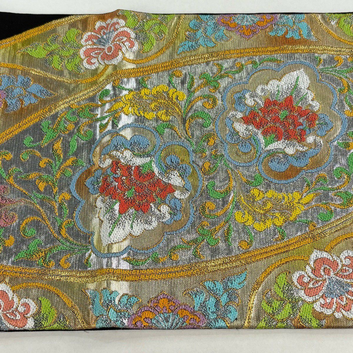 袋帶 逸品級 龍村美術織物 落款 唐花錦秀文 金金箔 金絲 金色 大鼓圖案 純蠶絲