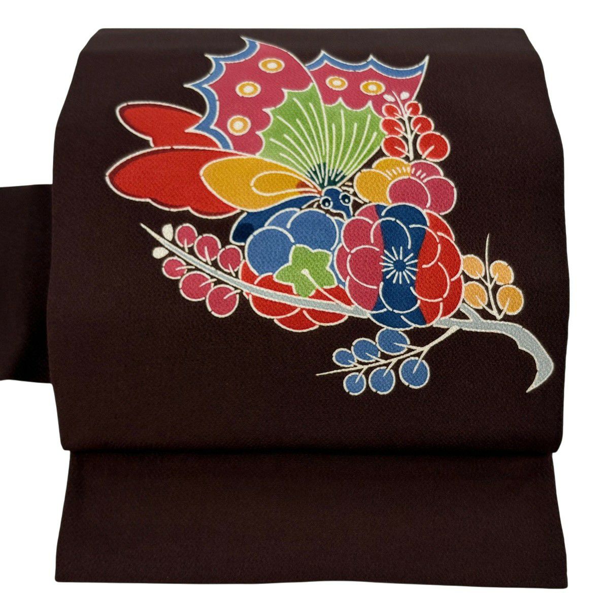 名古屋帶 逸品級 栗山吉三郎 落款 蝴蝶 梅花花 絞織 焦茶 純蠶絲