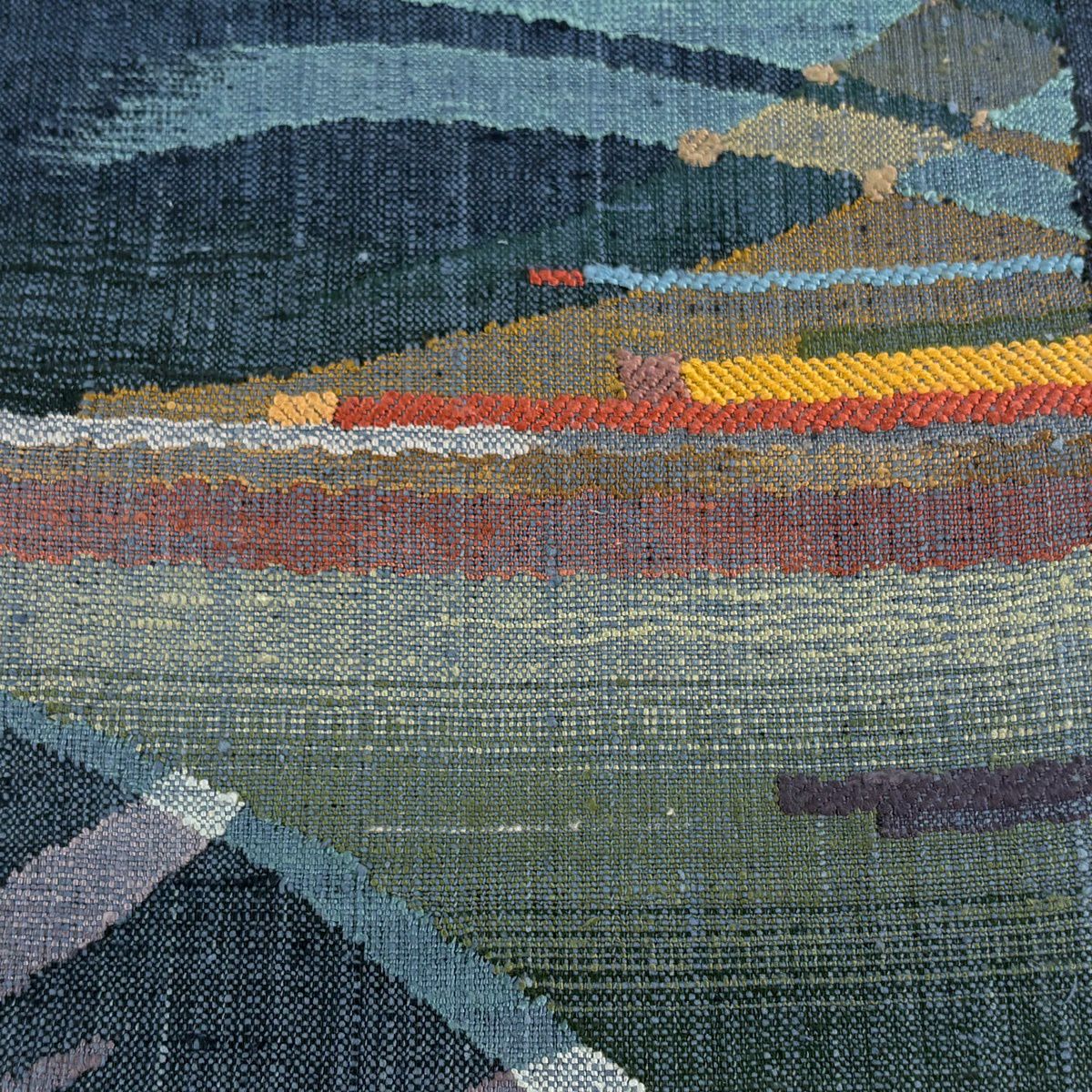 【美品】名古屋帶 逸品級 渡文 有落款 有證書 八寸名古屋帶 松樹葉仕立 雜幾何圖案 藍色 純蠶絲