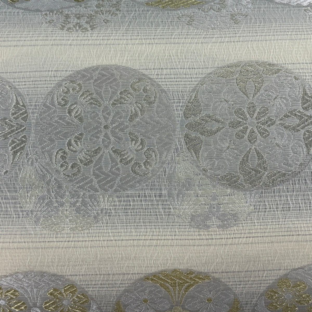 【美品】 袋帶 逸品級 新小石丸 草木染 草花紋紋 浮線綾文樣 金絲 奶油 六通 純蠶絲