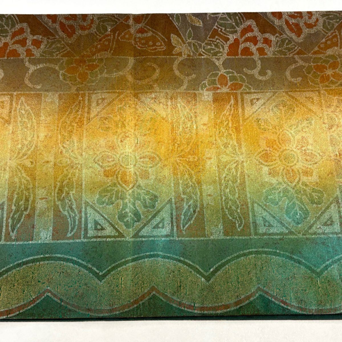 【美品】 袋帶 逸品級 落款 牛首紬織織 草花紋紋 蝶 金銀彩 灰綠 全通 純蠶絲