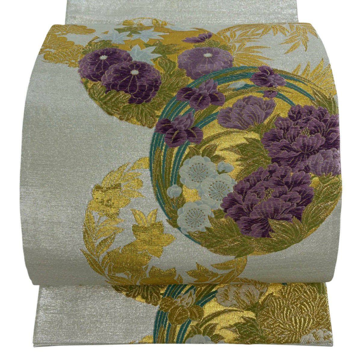 【美品】 袋帶 逸品級 じゅらく 落款あり 帝王紫 花丸紋 牡丹 金絲 金金箔 銀色 大鼓圖案 純蠶絲