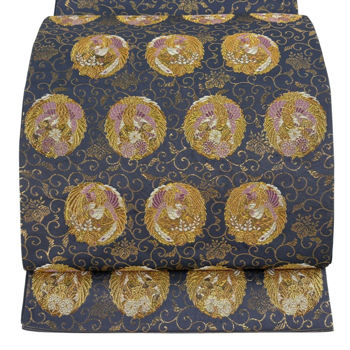 【美品】 袋帶 逸品級 帝王紫 落款あり 本金金箔 鳥 草花紋 金糸 金箔 灰紫 お太鼓柄 純蠶絲