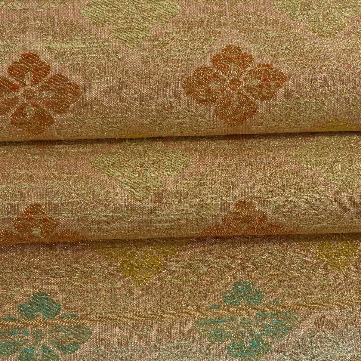 【美品】 袋帶 逸品級 桝屋高尾 有落款 關西仕立 花菱 金金箔 橙色 六通 純蠶絲