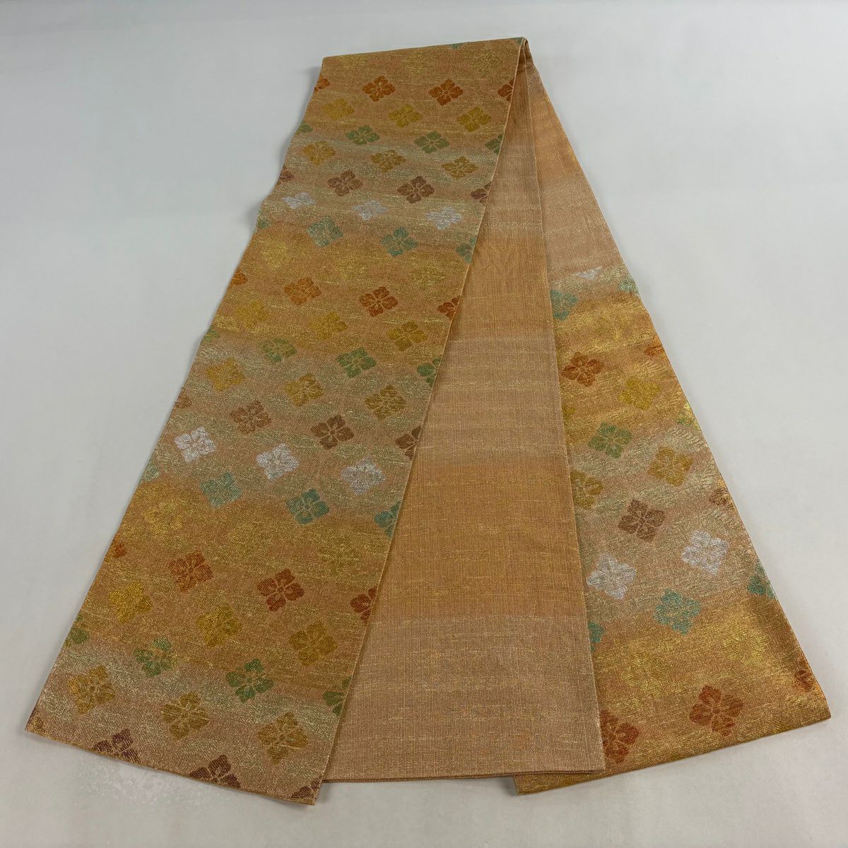 【美品】 袋帶 逸品級 桝屋高尾 有落款 關西仕立 花菱 金金箔 橙色 六通 純蠶絲