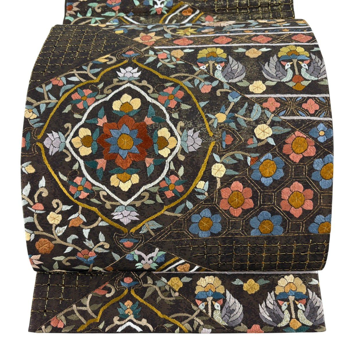 【美品】 袋帶 逸品級 華紋 向鳥刺繡 金絲 焦茶 六通 純蠶絲