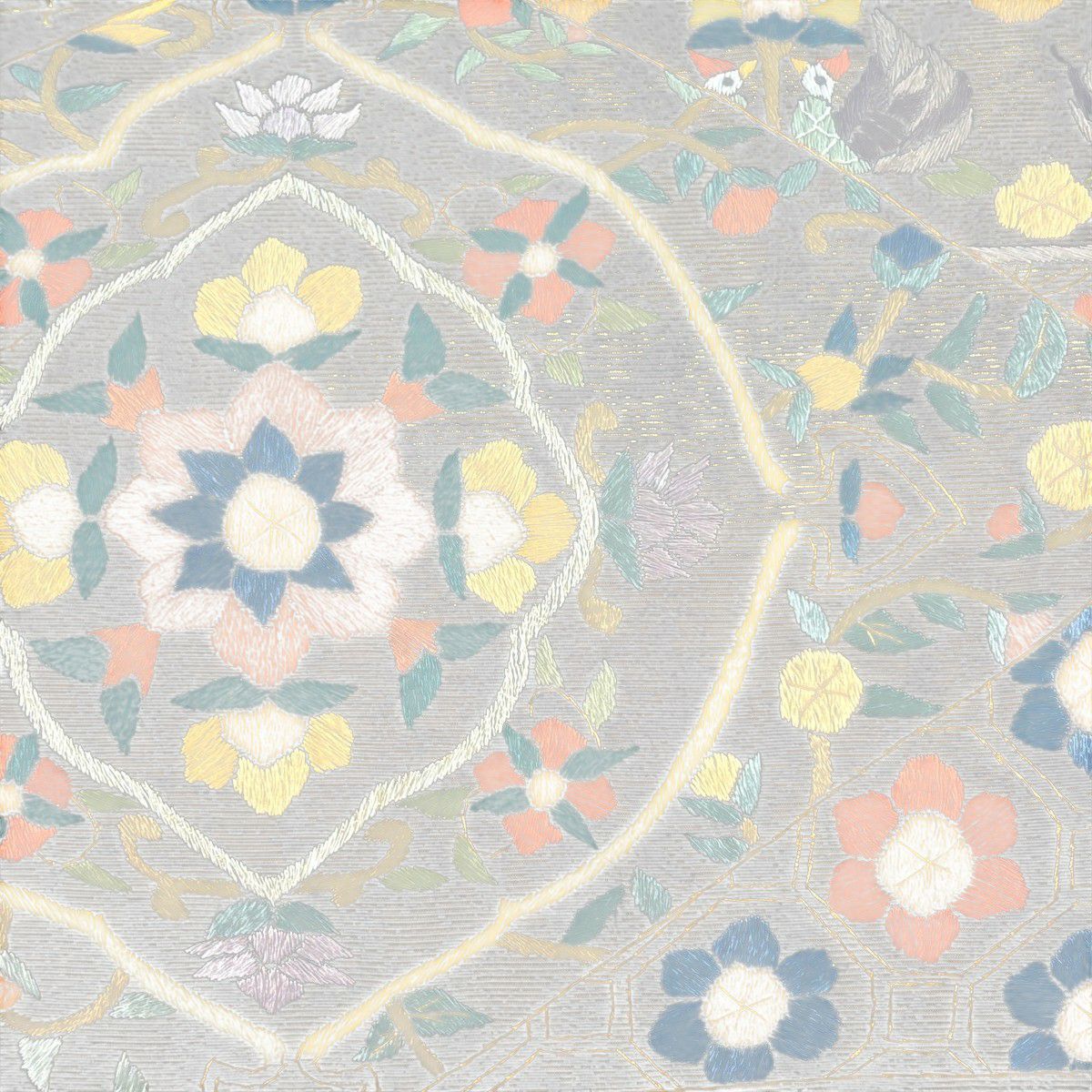 【美品】 袋帶 逸品級 華紋 向鳥刺繡 金絲 焦茶 六通 純蠶絲