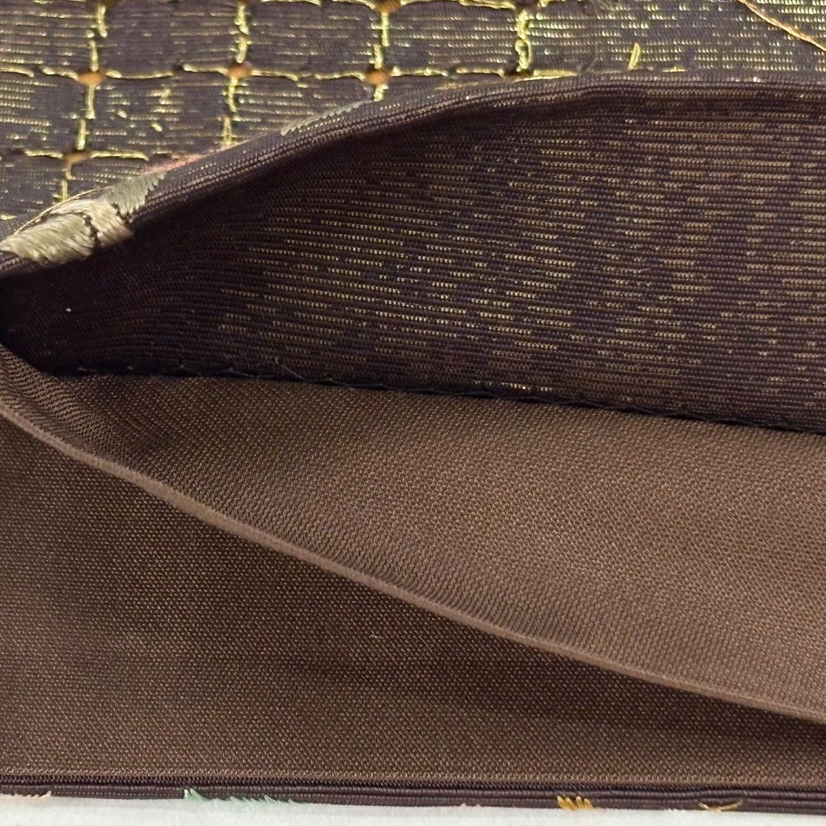 【美品】 袋帶 逸品級 華紋 向鳥刺繡 金絲 焦茶 六通 純蠶絲