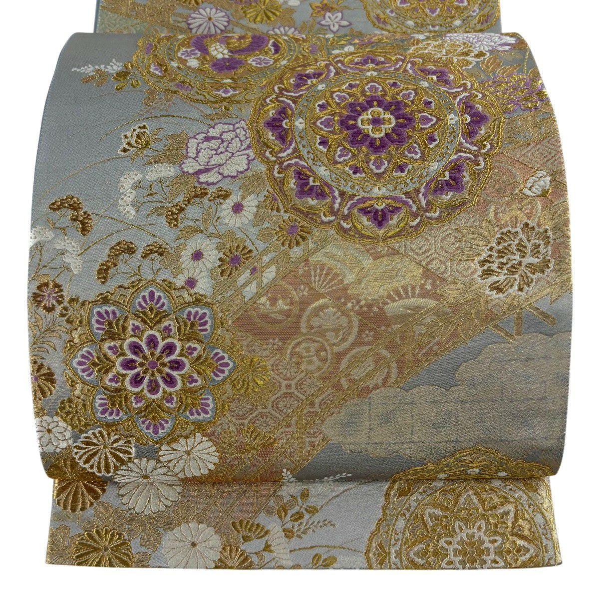 【美品】 袋帶 逸品級 じゅらく 落款あり 帝王紫 華紋 草花紋 金糸 金金箔 灰色 お太鼓柄 純蠶絲