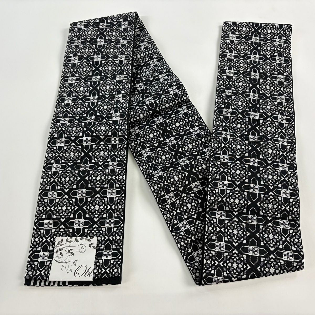 【美品】半幅帶 優品級 幾何學圖案 黑 化纖