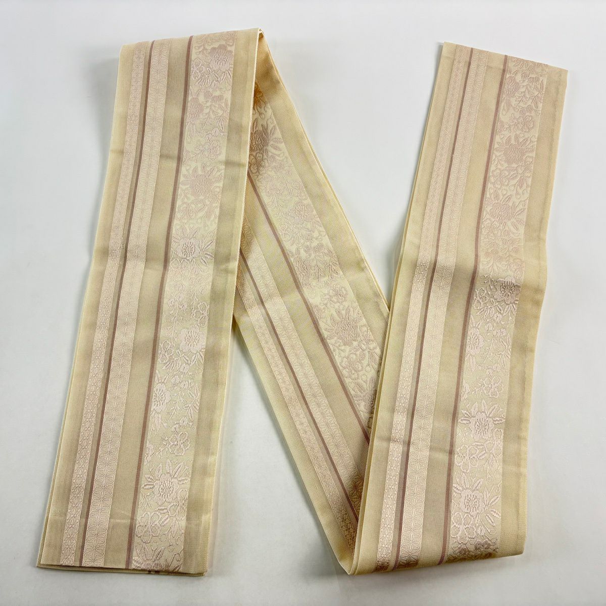 【美品】半幅帶 優品級 夏帶 櫻花 條紋 奶油色 化纖
