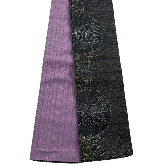 【美品】半幅帶 優品級 草花紋紋 金金箔 黑 化纖