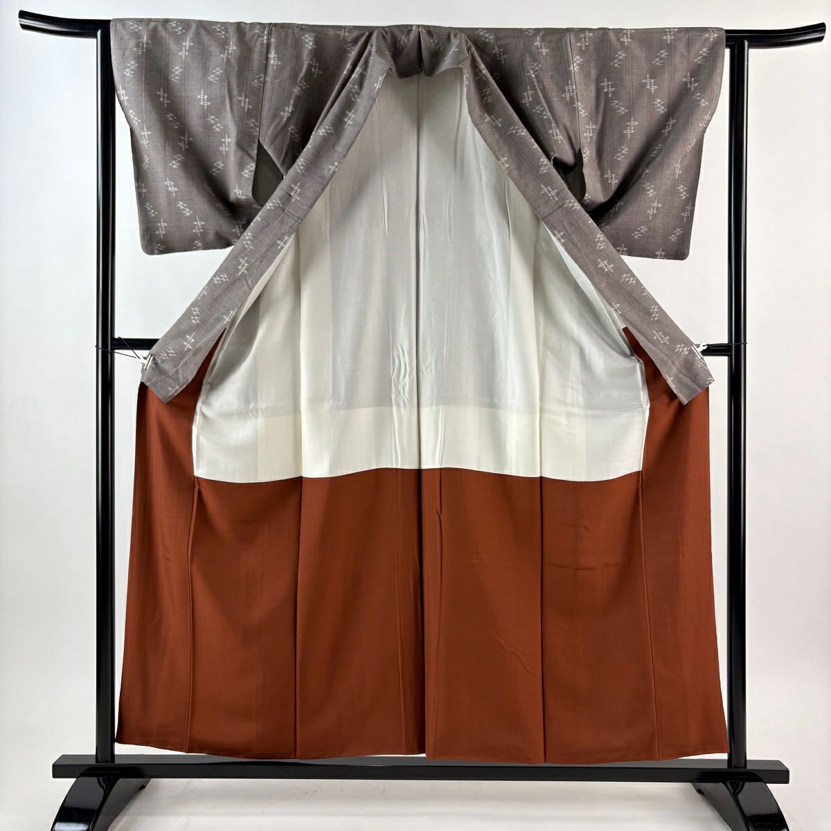 【美品】 紬織 身長158cm 袖長62cm S 雙層 琉球絣 縱條 燕 灰色 純蠶絲 逸品級