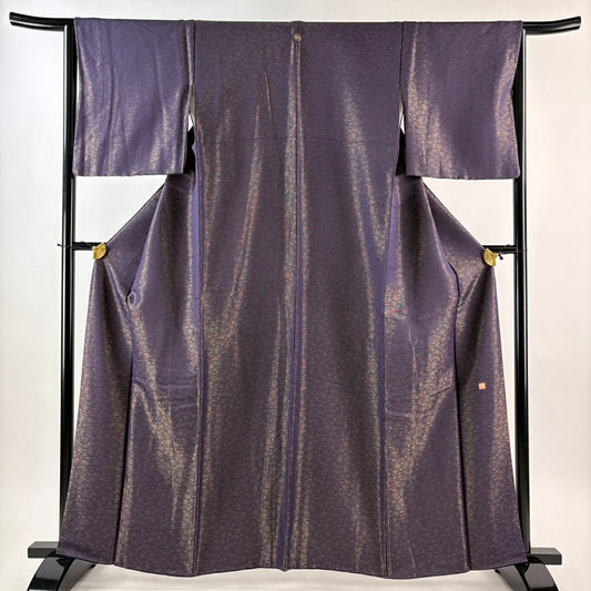 【美品】 小紋 身長160.5cm 袖長64cm M 雙層 久保田一竹子工房 落款あり 地紋 金通し 深紫 純蠶絲 逸品級 一つ紋