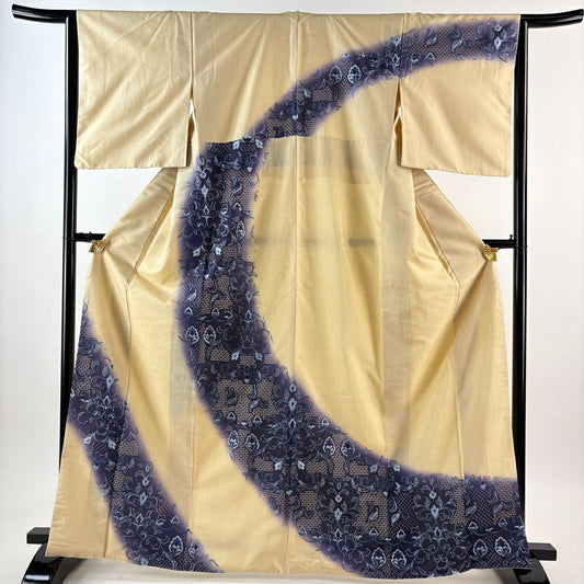 付下 身長166.5cm 袖長64cm M 雙層 紬織織 花唐草紋 刺繡 米色 純蠶絲 逸品級