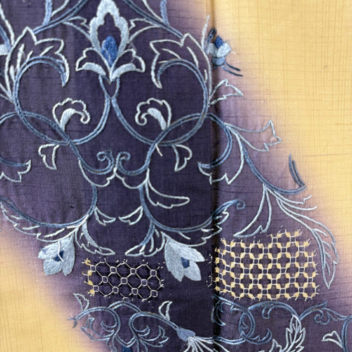 付下 身長166.5cm 袖長64cm M 雙層 紬織織 花唐草紋 刺繡 米色 純蠶絲 逸品級