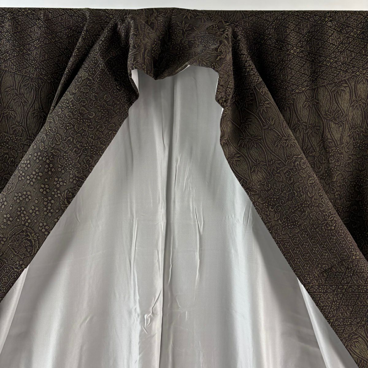 【美品】訪問服 身長170.5cm 袖長70cm L 雙層 龜甲 蘆竹子 焦茶 純蠶絲 逸品級