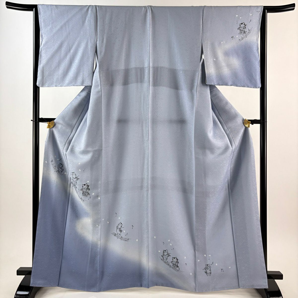 付下 身長166cm 袖長64.5cm M 雙層 貓 樂器 漸層 水藍 純蠶絲 逸品級