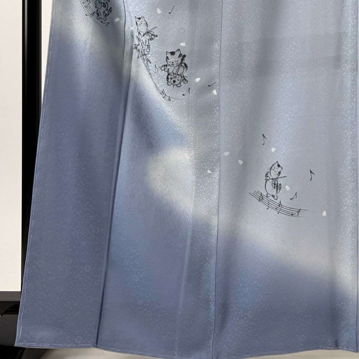 付下 身長166cm 袖長64.5cm M 雙層 貓 樂器 漸層 水藍 純蠶絲 逸品級