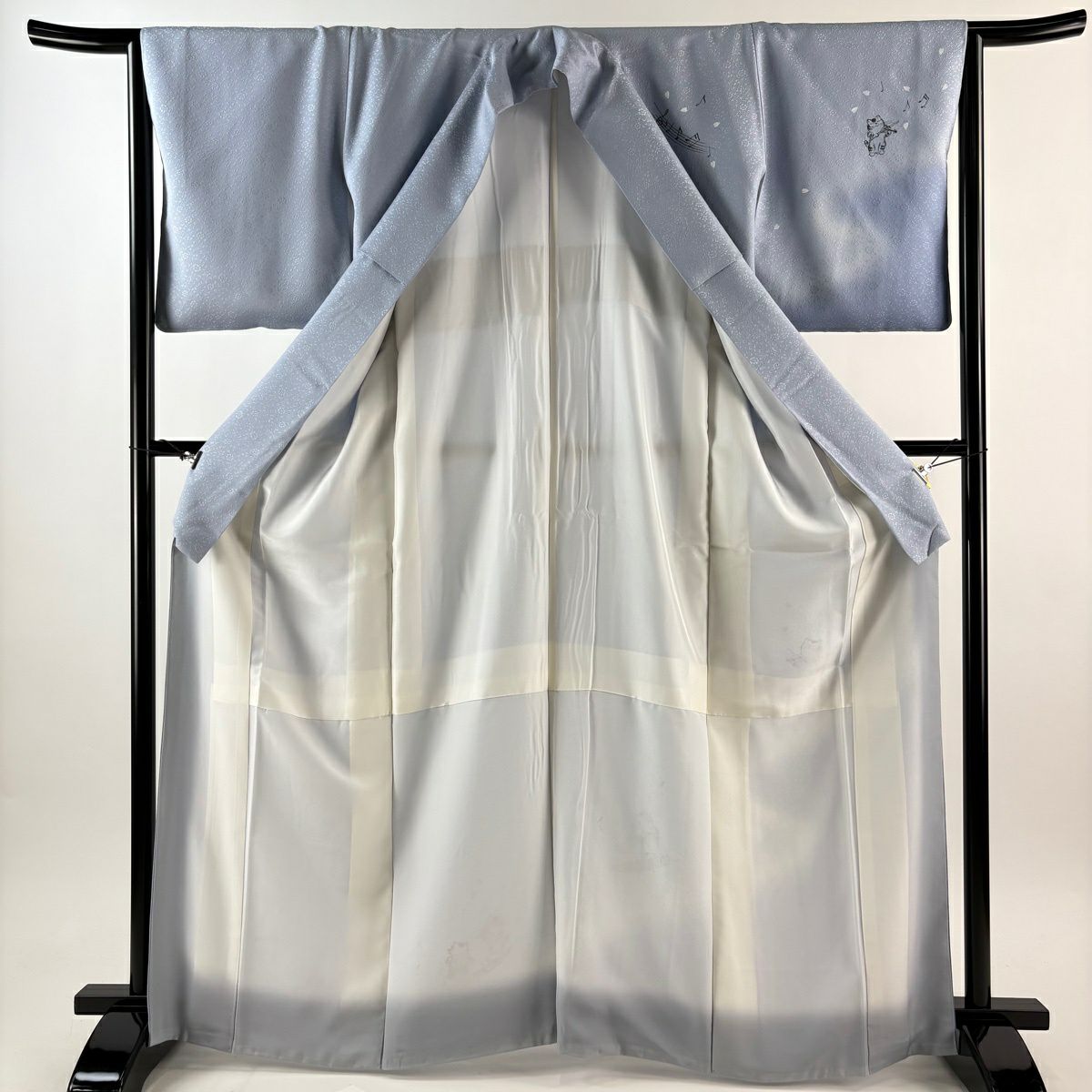 付下 身長166cm 袖長64.5cm M 雙層 貓 樂器 漸層 水藍 純蠶絲 逸品級