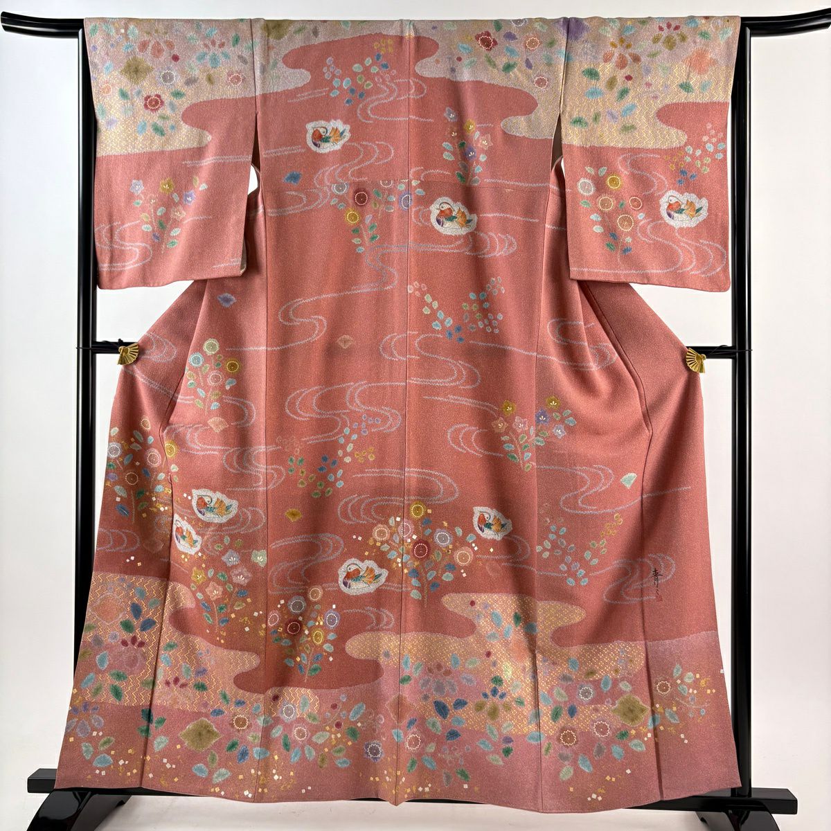 訪問服 身長161cm 袖長65cm M 雙層 松樹井青青 落款 鴛鴦 草花紋 金銀彩 染分 鮭粉色 純蠶絲 逸品級 一つ紋