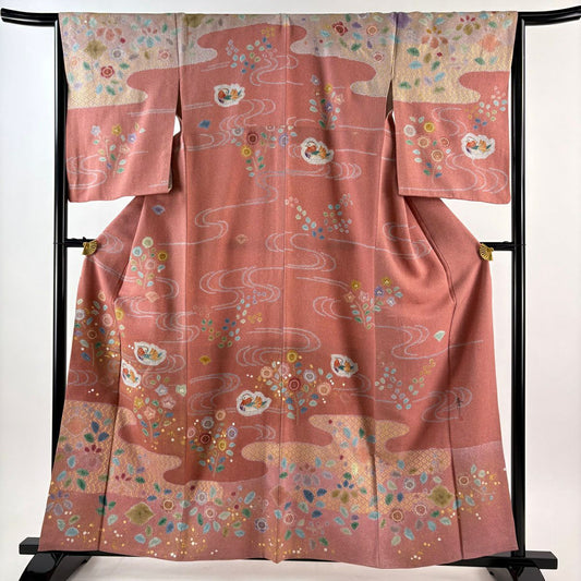訪問服 身長161cm 袖長65cm M 雙層 松樹井青青 落款 鴛鴦 草花紋 金銀彩 染分 鮭粉色 純蠶絲 逸品級 一つ紋