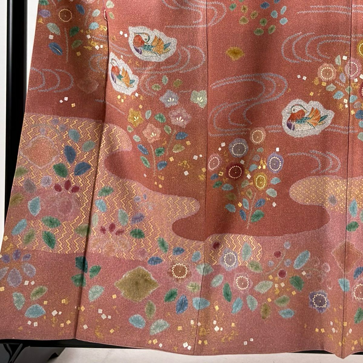 訪問服 身長161cm 袖長65cm M 雙層 松樹井青青 落款 鴛鴦 草花紋 金銀彩 染分 鮭粉色 純蠶絲 逸品級 一つ紋