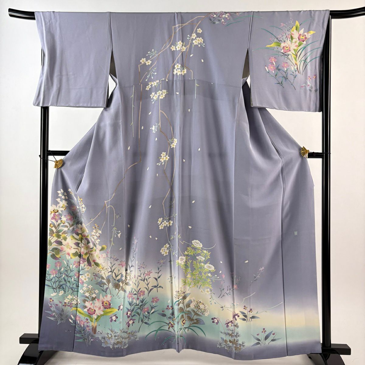 訪問服 身長163cm 袖長68cm L 雙層 杉浦伸 落款あり 草花紋紋 枝花 染分 ぼかし 薄紫 純蠶絲 逸品級