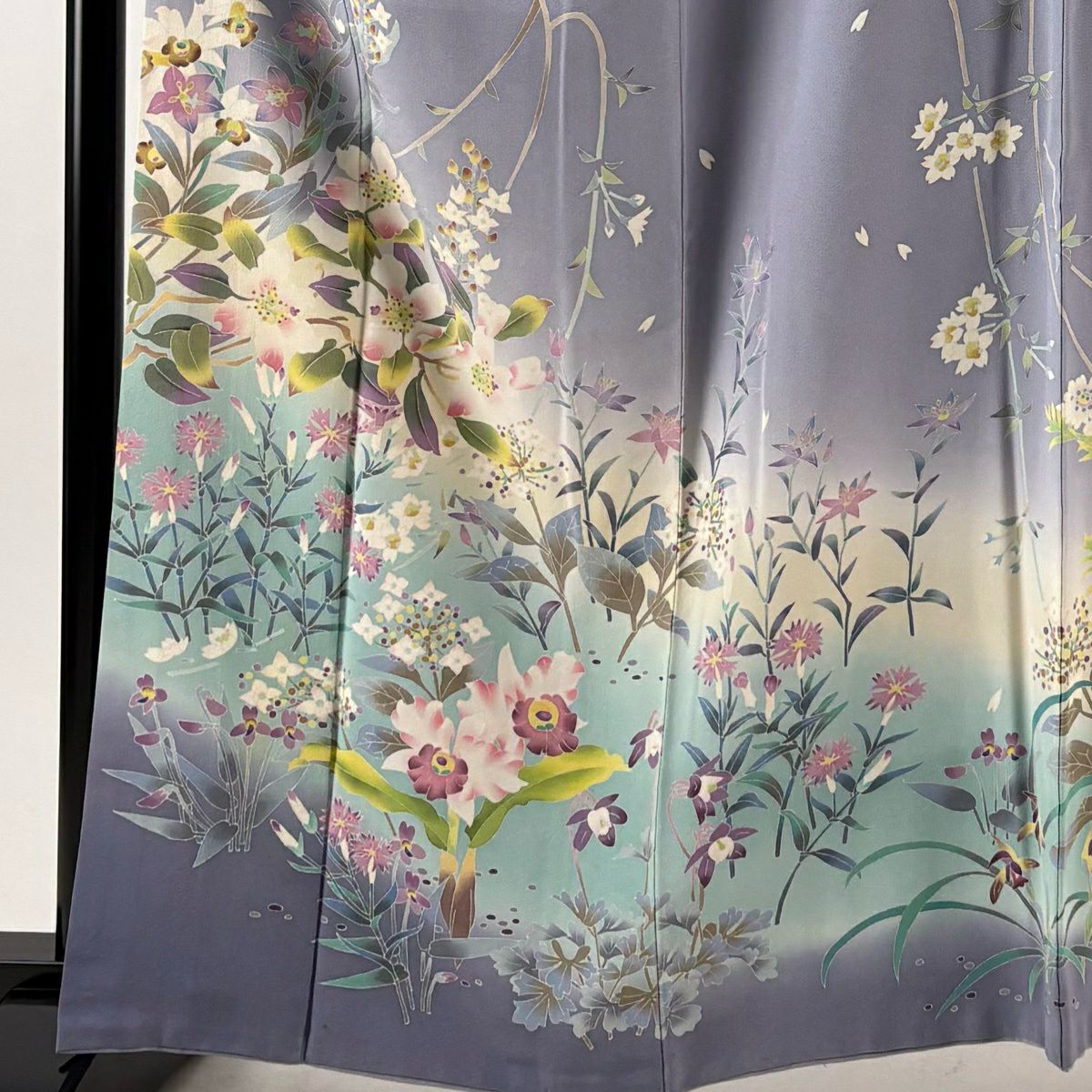 訪問服 身長163cm 袖長68cm L 雙層 杉浦伸 落款あり 草花紋紋 枝花 染分 ぼかし 薄紫 純蠶絲 逸品級