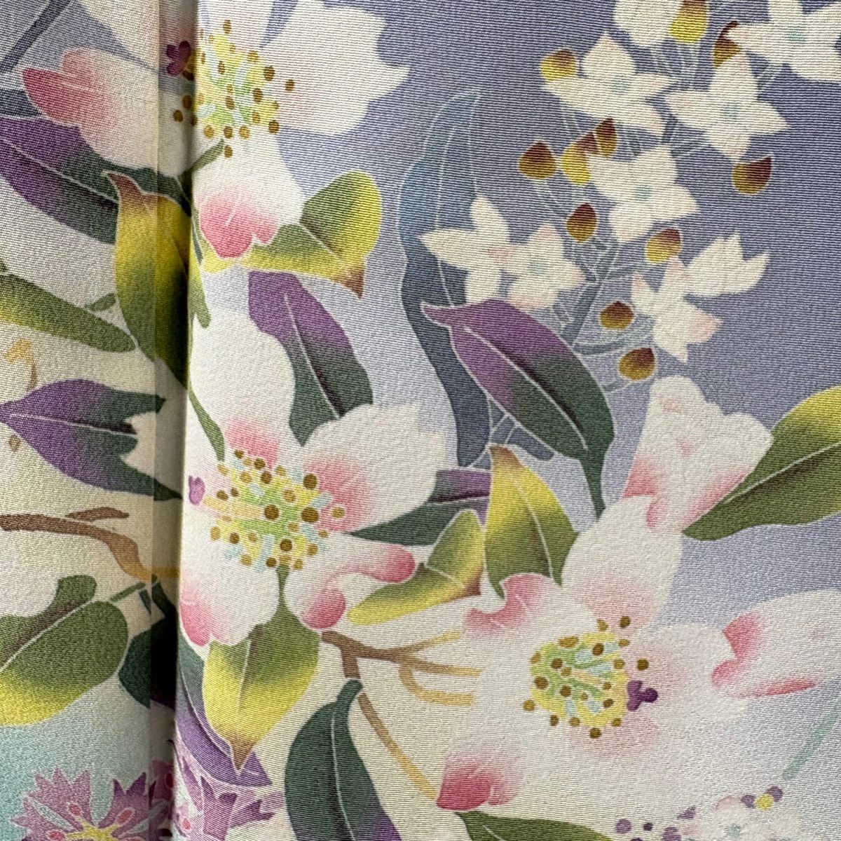 訪問服 身長163cm 袖長68cm L 雙層 杉浦伸 落款あり 草花紋紋 枝花 染分 ぼかし 薄紫 純蠶絲 逸品級