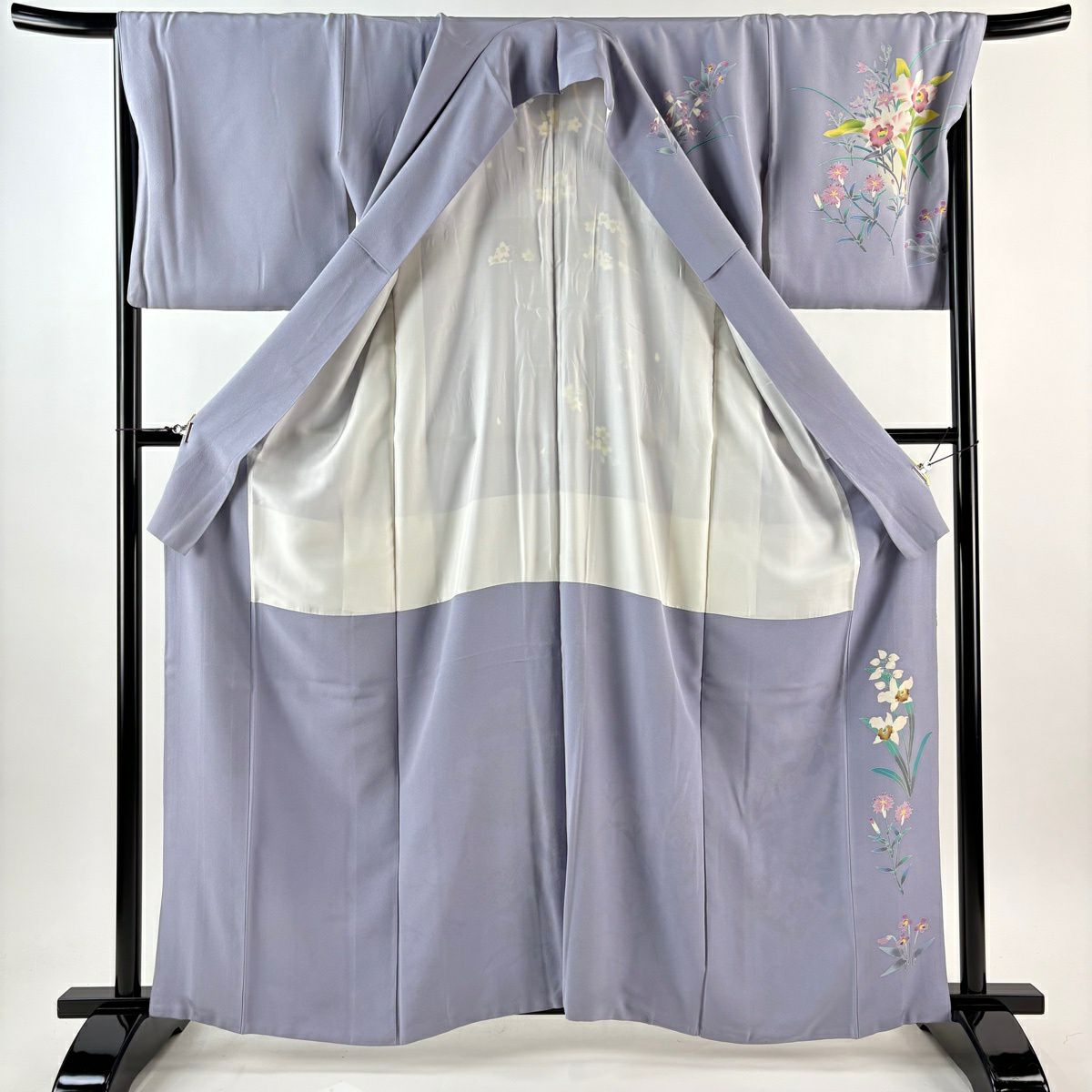 訪問服 身長163cm 袖長68cm L 雙層 杉浦伸 落款あり 草花紋紋 枝花 染分 ぼかし 薄紫 純蠶絲 逸品級