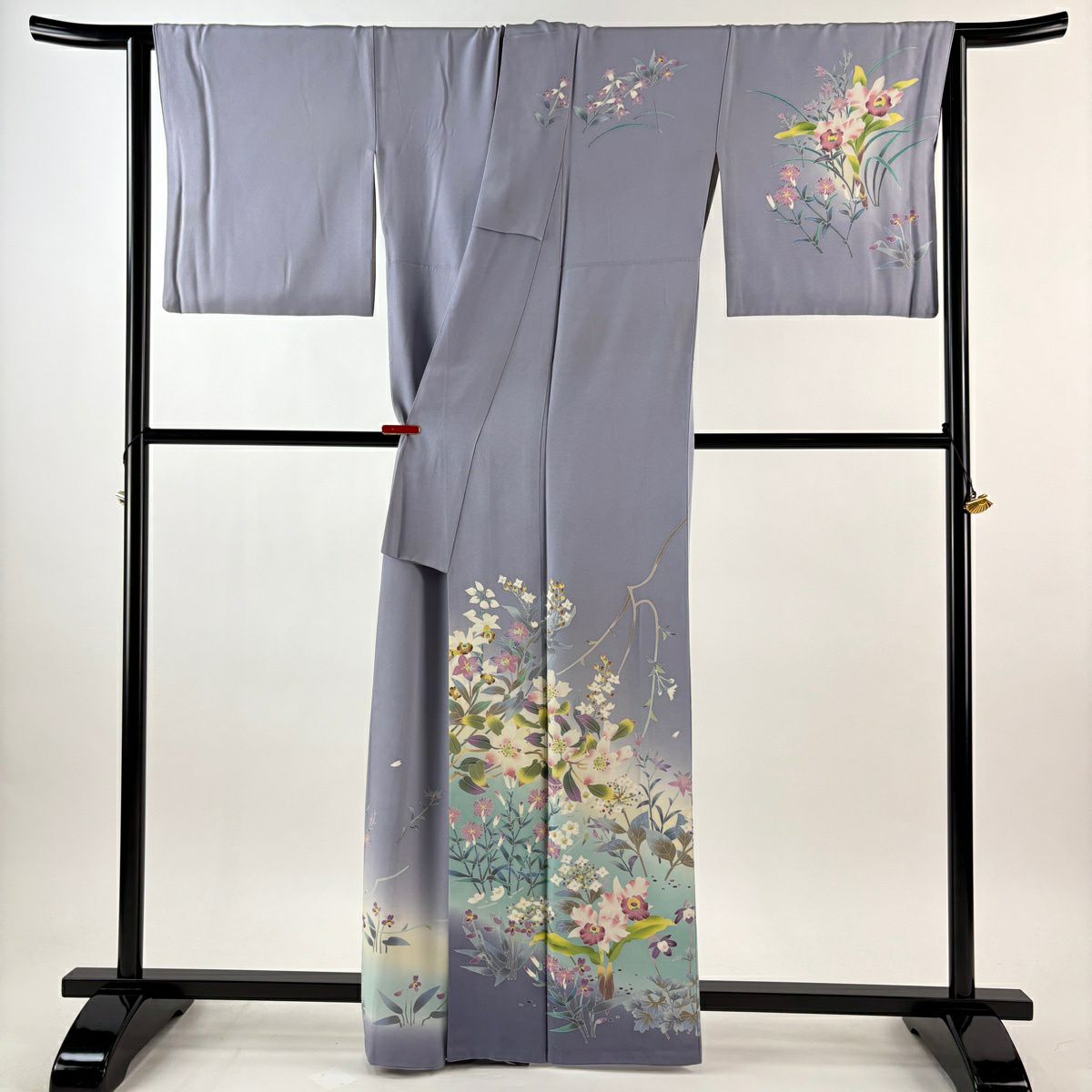 訪問服 身長163cm 袖長68cm L 雙層 杉浦伸 落款あり 草花紋紋 枝花 染分 ぼかし 薄紫 純蠶絲 逸品級