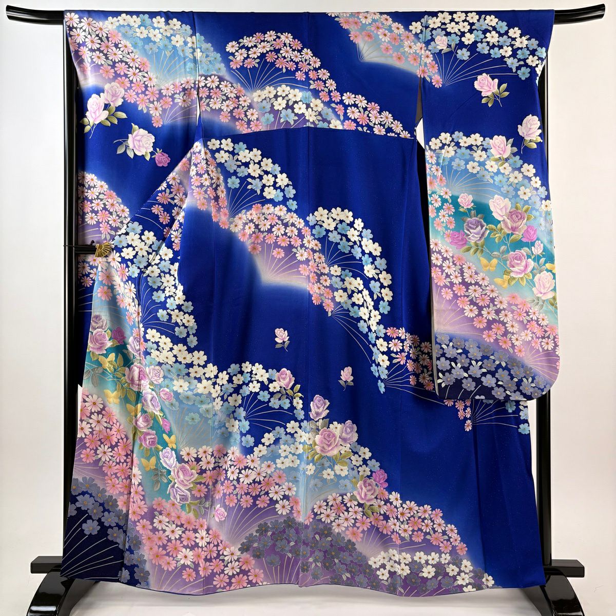 振袖禮服 身長163.5cm 袖長66.5cm M 雙層 薔薇 蝶 金銀彩 刺繡 青 純蠶絲 逸品級