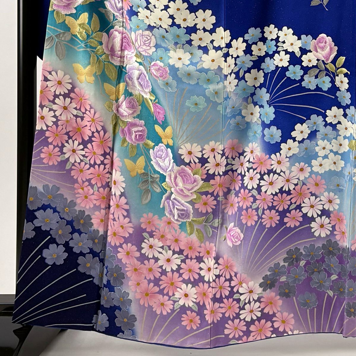 振袖禮服 身長163.5cm 袖長66.5cm M 雙層 薔薇 蝶 金銀彩 刺繡 青 純蠶絲 逸品級