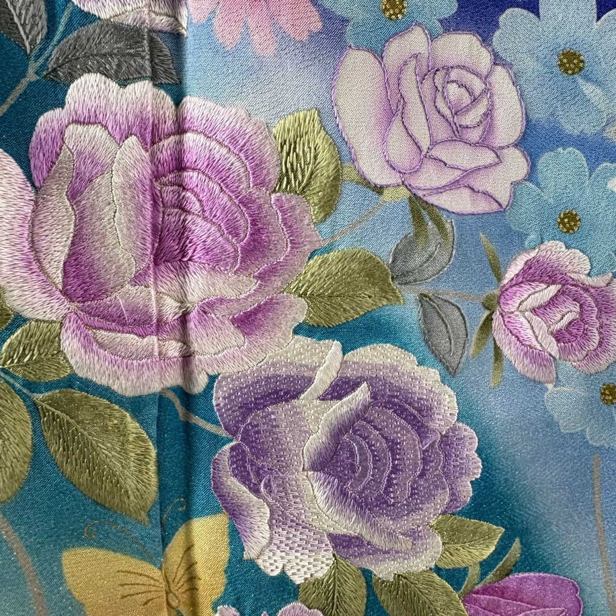 振袖禮服 身長163.5cm 袖長66.5cm M 雙層 薔薇 蝶 金銀彩 刺繡 青 純蠶絲 逸品級